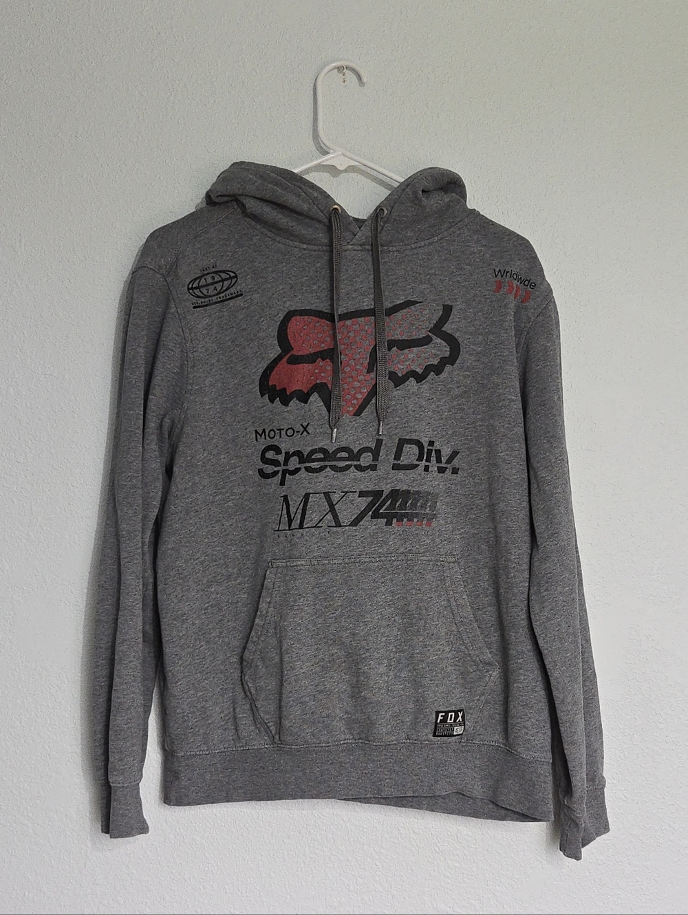Fox Gray Hoodie with Red Logo and Black Text